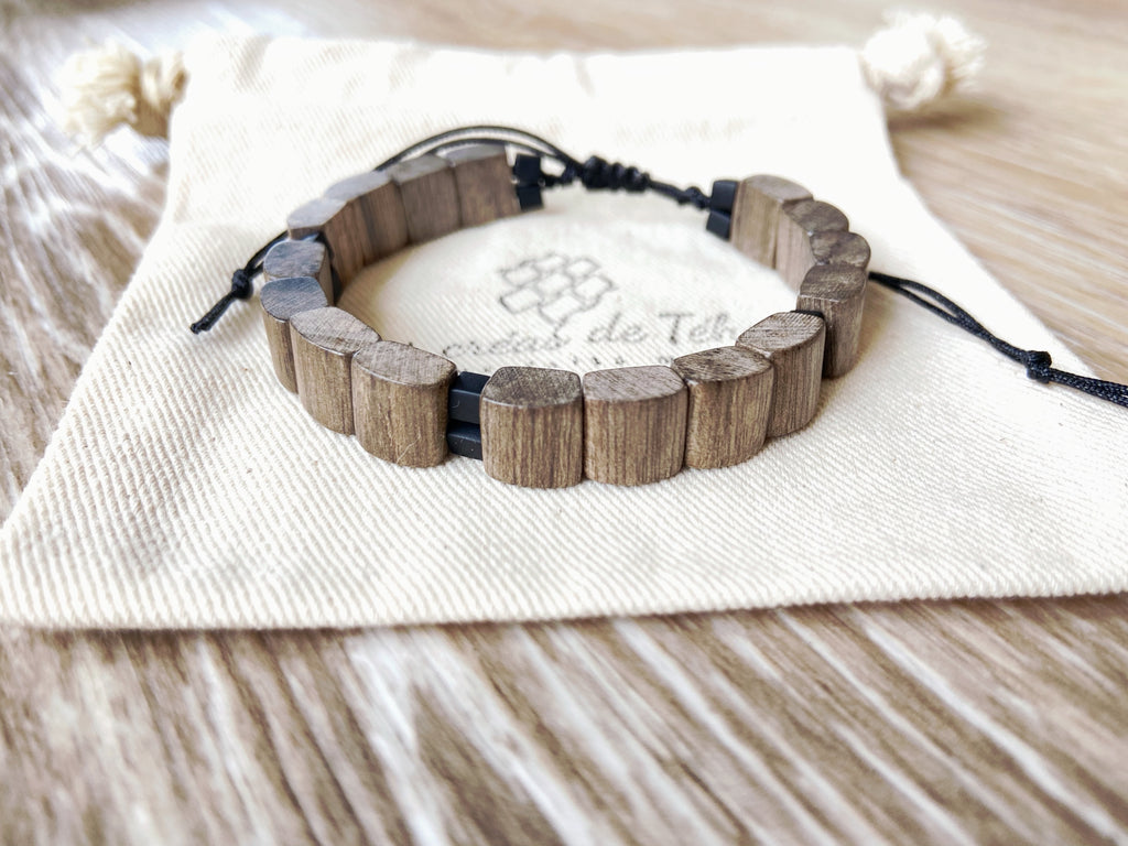 Bracelet homme modèle Mohina en perles en bois, en verre et hématite