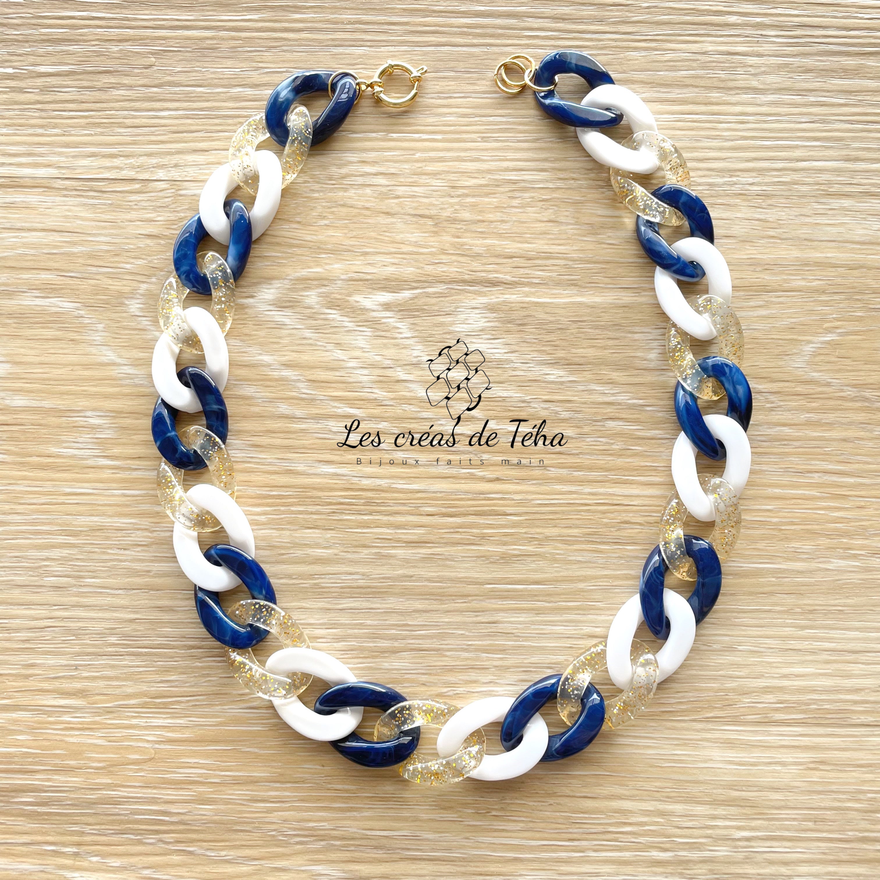 Parure grosses mailles marine, blanc et doré modèle Ohéa