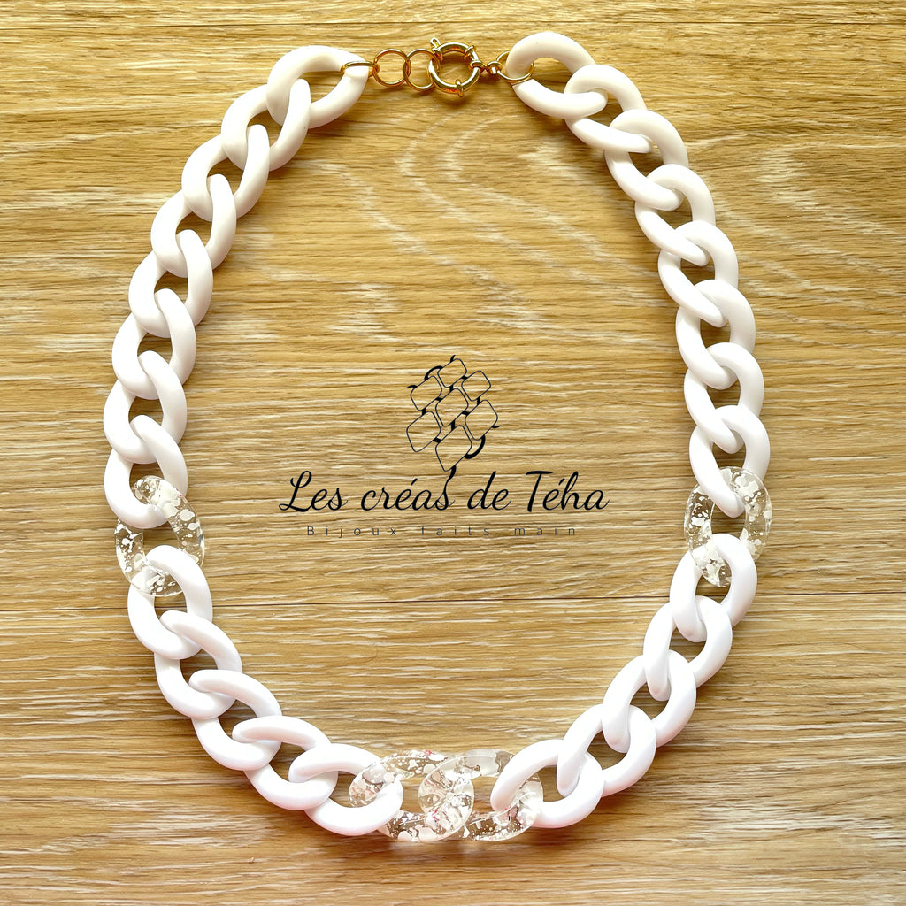 Collier en grosses mailles blanc et doré modèle Ohéa