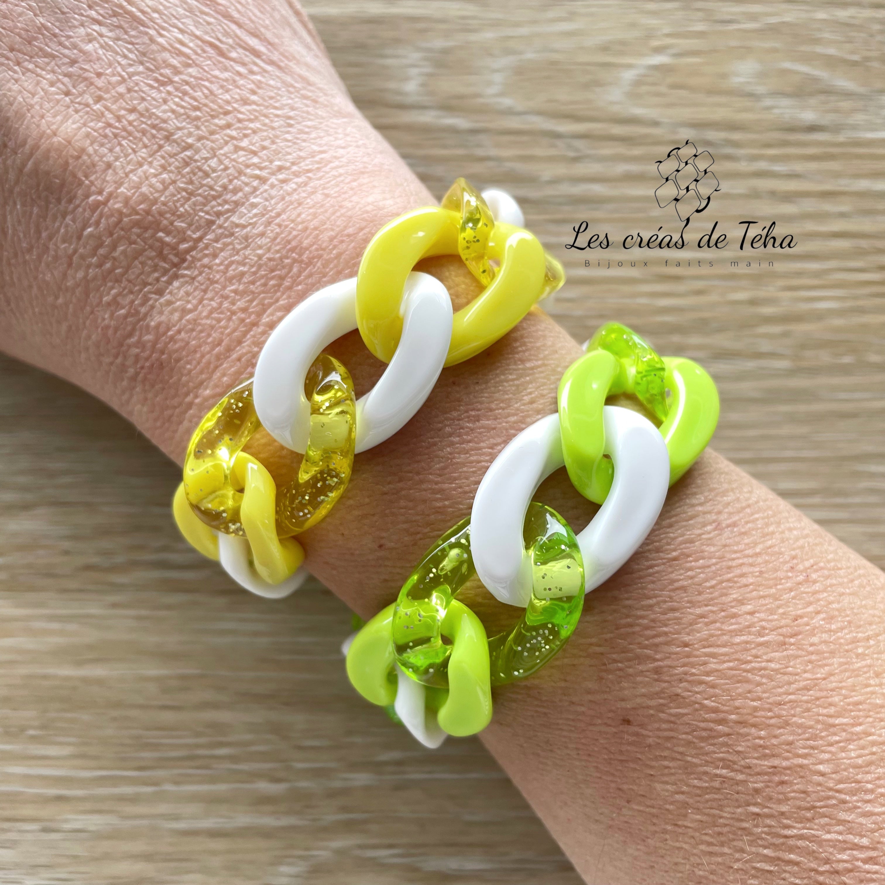Bracelet tendance grosses mailles jaune ou vert modèle Ohéa