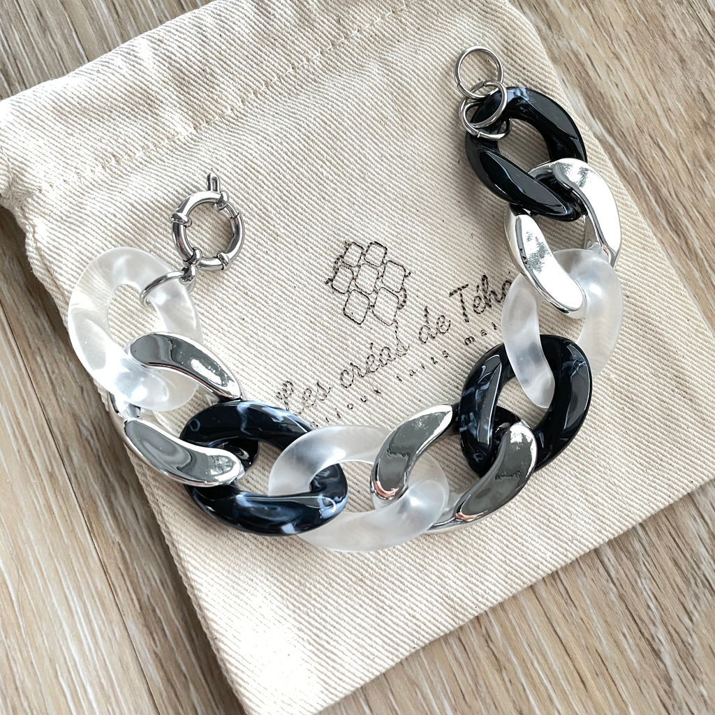 Bracelet tendance grosses mailles noir marbré, blanc et argenté modèle Ohéa