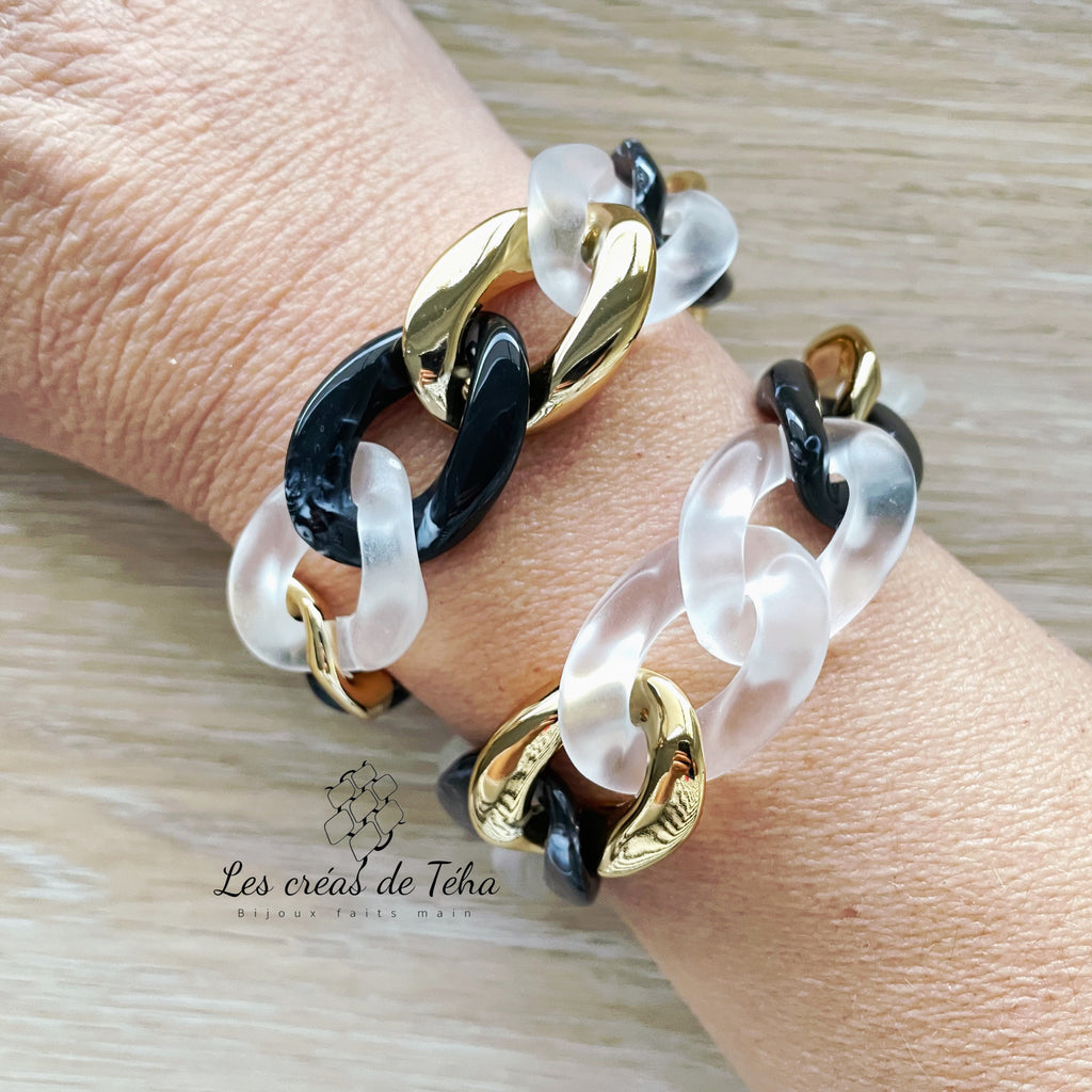 Bracelet tendance grosses mailles noir marbré, blanc et argenté modèle Ohéa