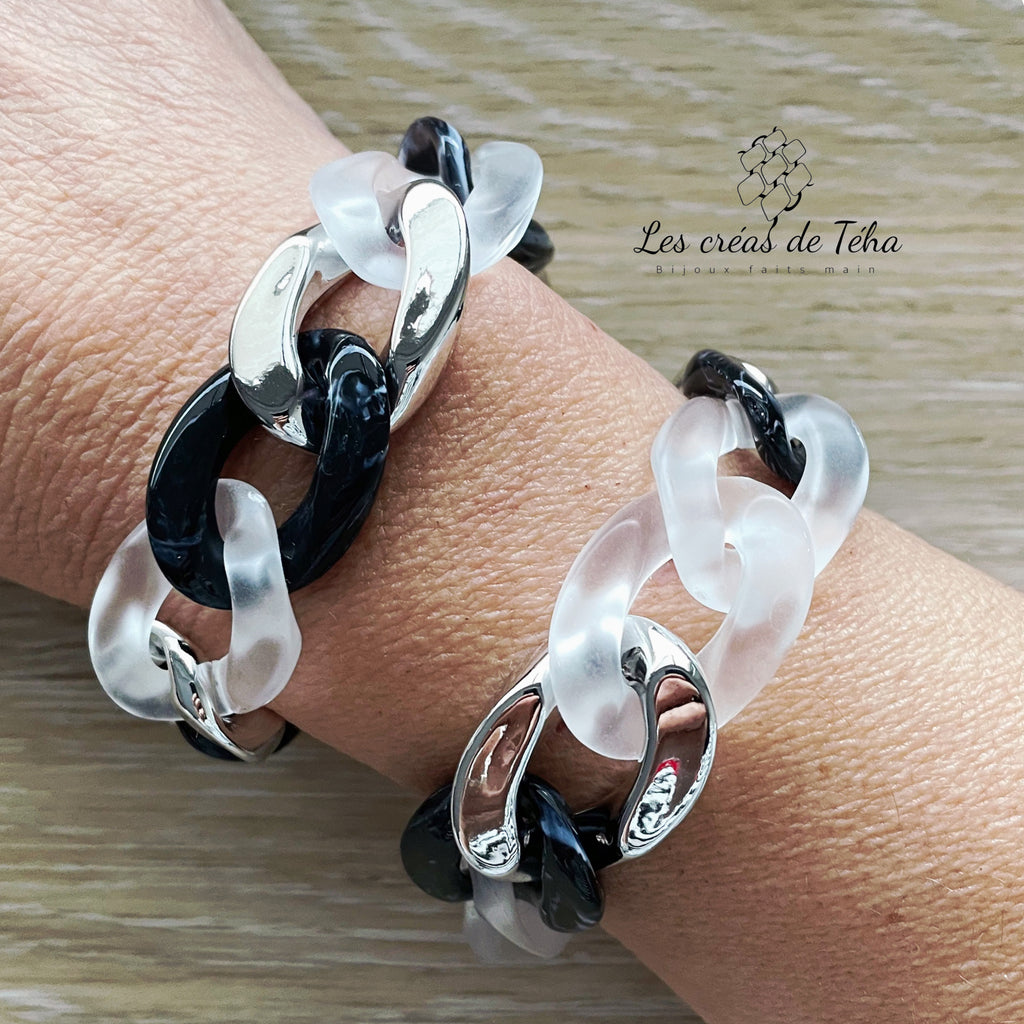 Bracelet tendance grosses mailles noir marbré, blanc et argenté modèle Ohéa