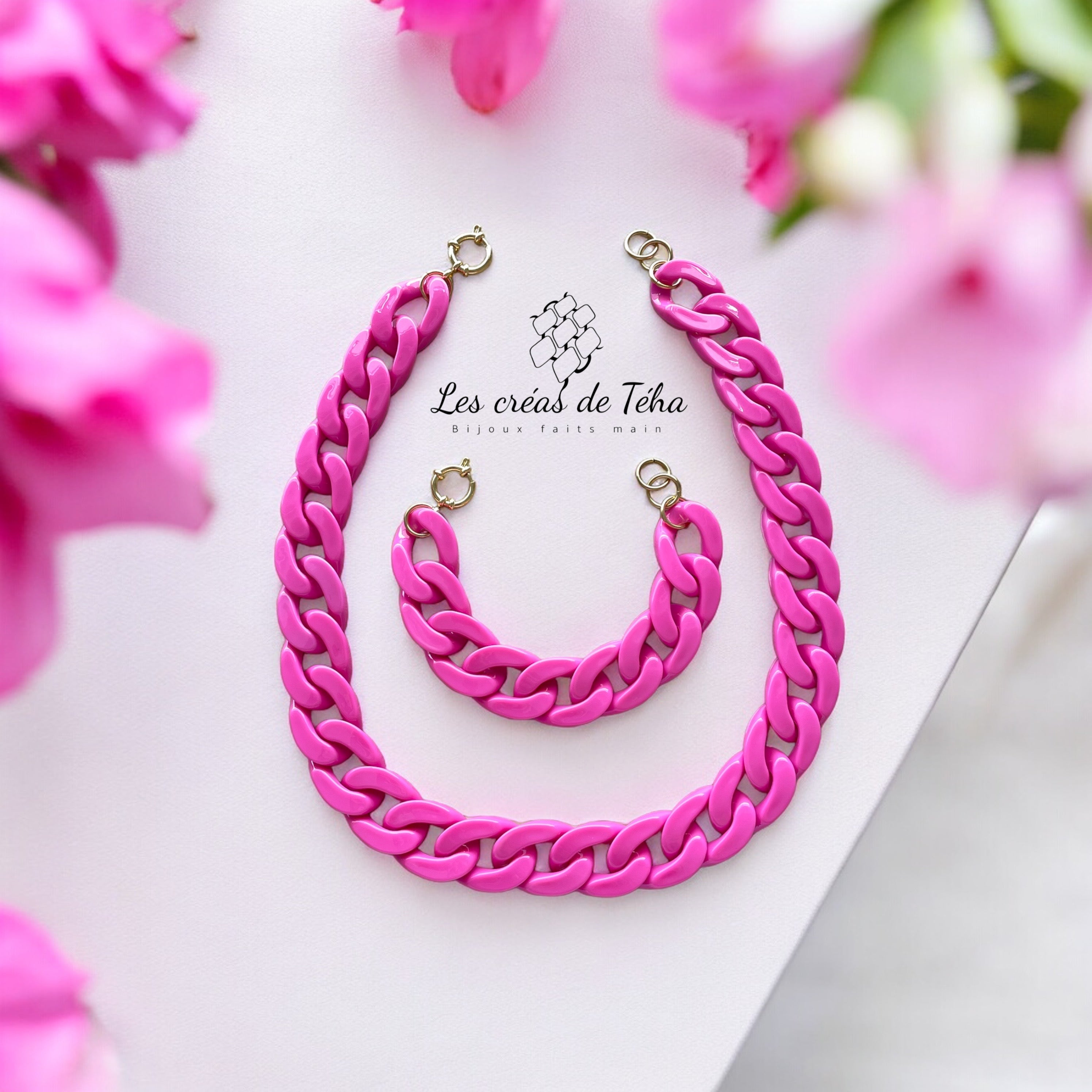 Parure en grosses mailles rose modèle Ohéa