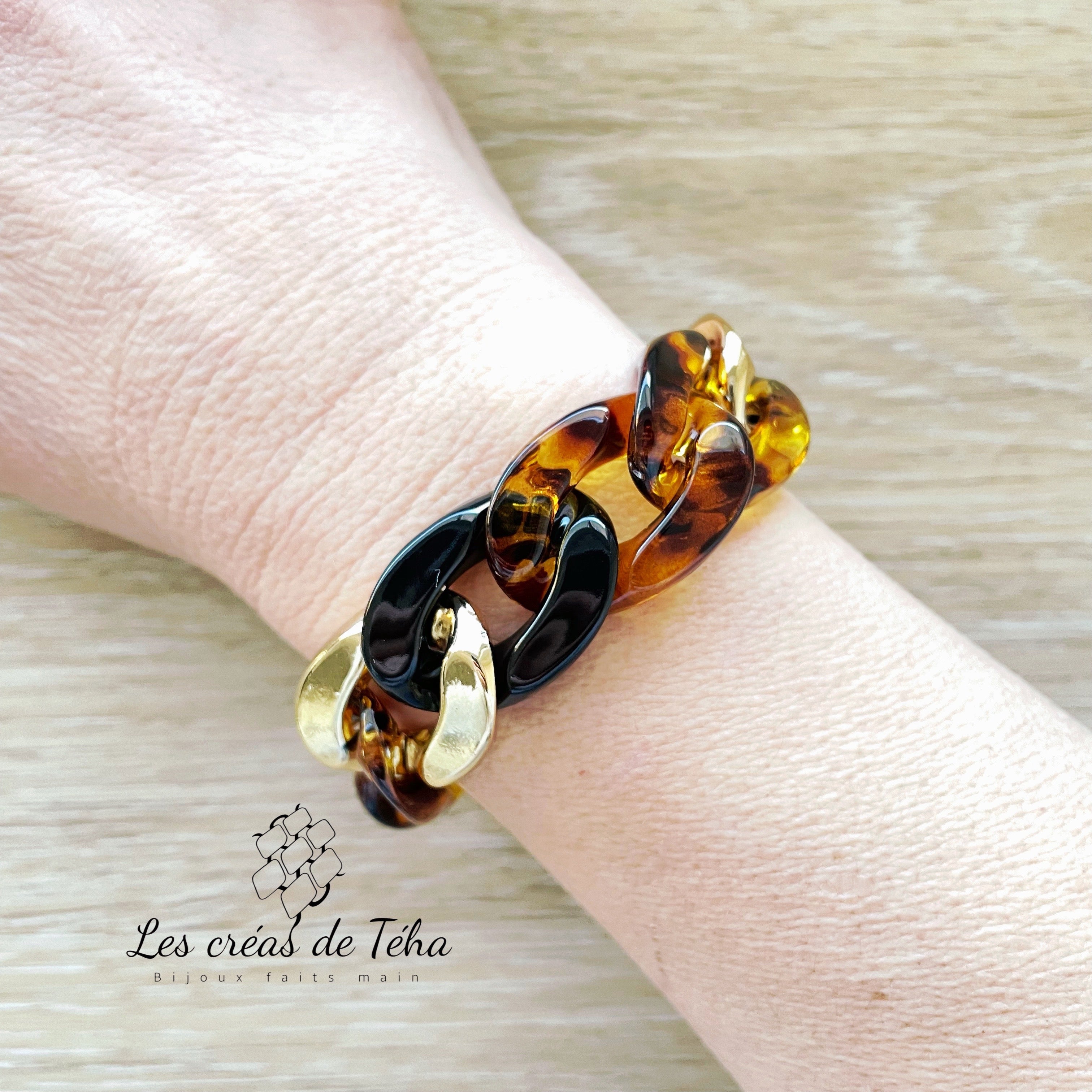 Bracelet tendance grosses mailles noir ambre et doré modèle Ohea