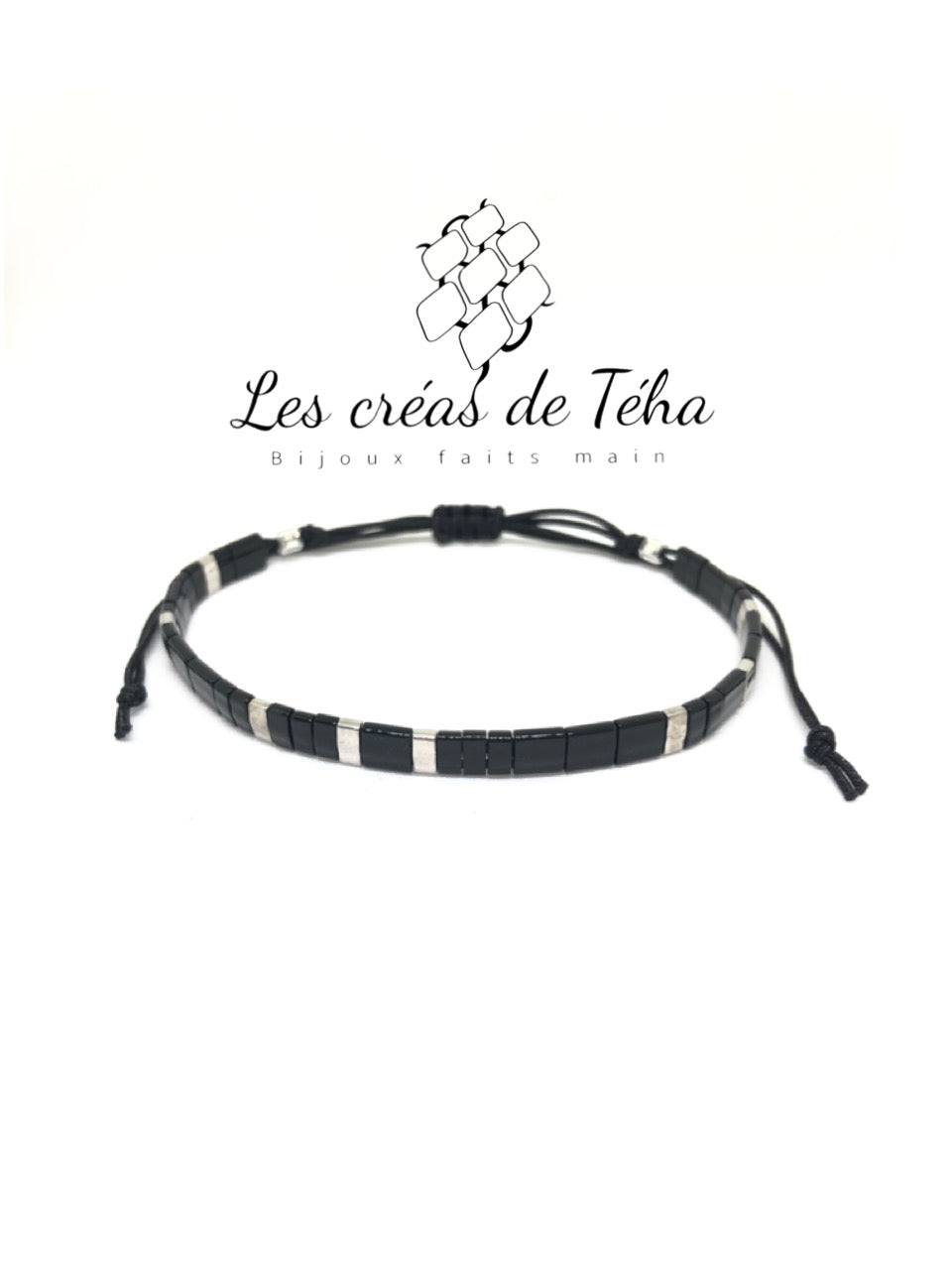 Bracelet Huira noir et argenté en perles de verre et cordon