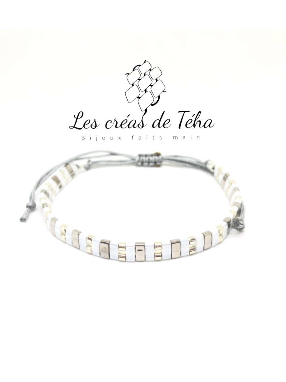 Bracelet Huira blanc et argenté en perles de verre et cordon