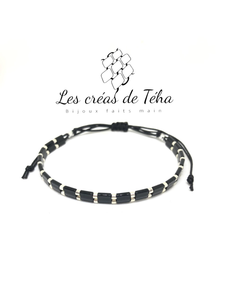 Bracelet Huira noir et argenté en perles de verre et cordon
