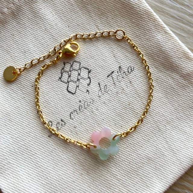 Bracelet réglable en acier inoxydable doré avec breloques modèle Flower