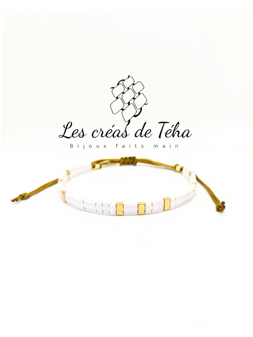 Bracelet Huira blanc et doré en perles de verre et cordon
