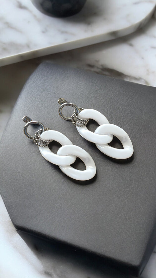 Boucles d’oreilles en grosses mailles blanc et argent modèle Ohéa