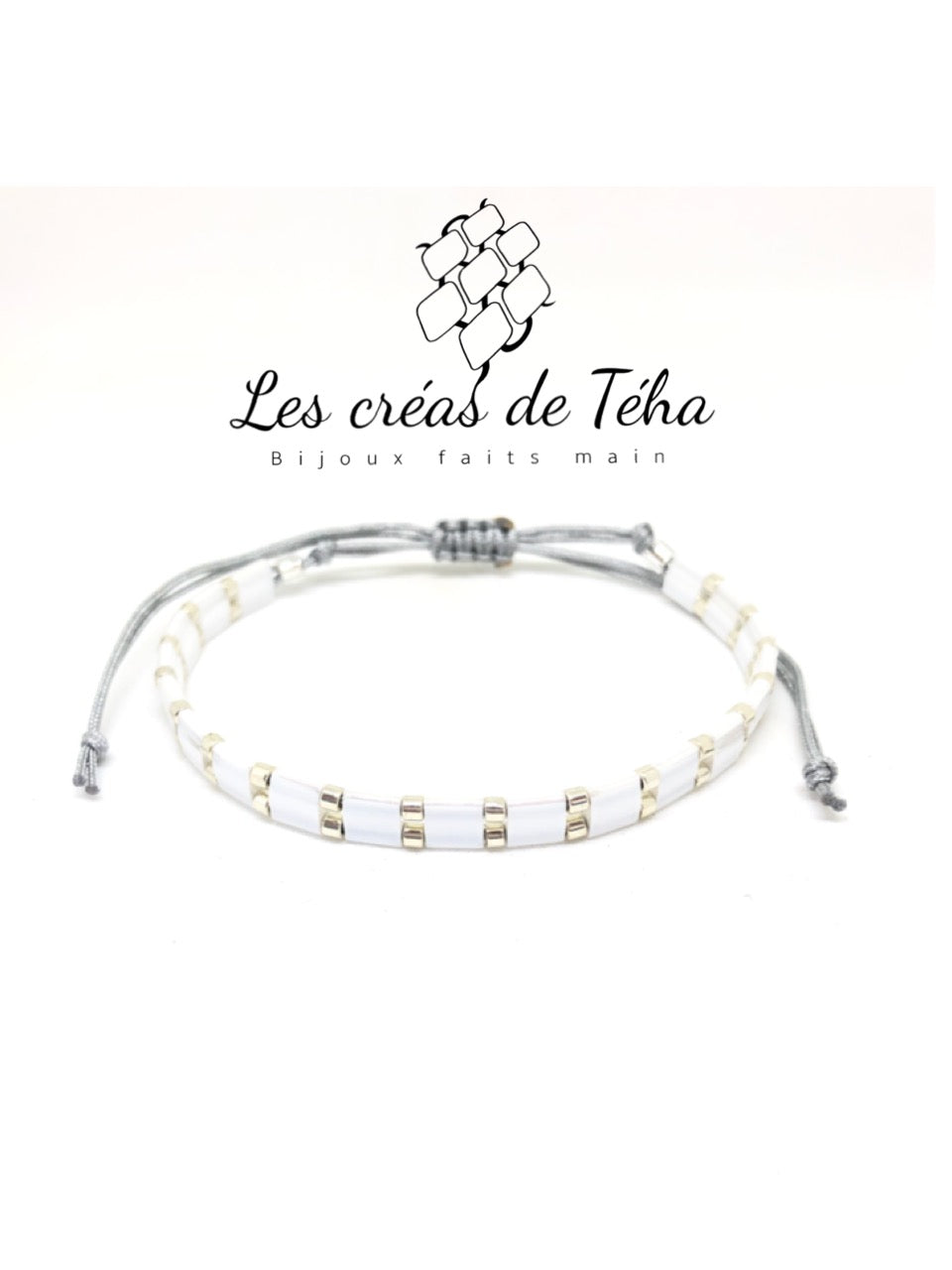 Bracelet Huira blanc et argenté en perles de verre et cordon