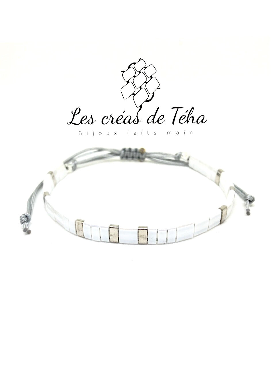 Bracelet Huira blanc et argenté en perles de verre et cordon