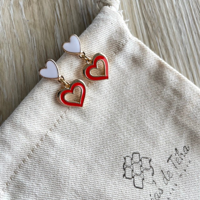 Boucles d’oreilles rouges,  blanches modèle Coração