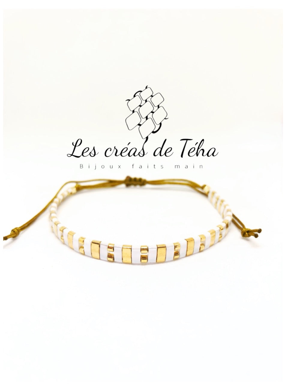 Bracelet Huira blanc et doré en perles de verre et cordon