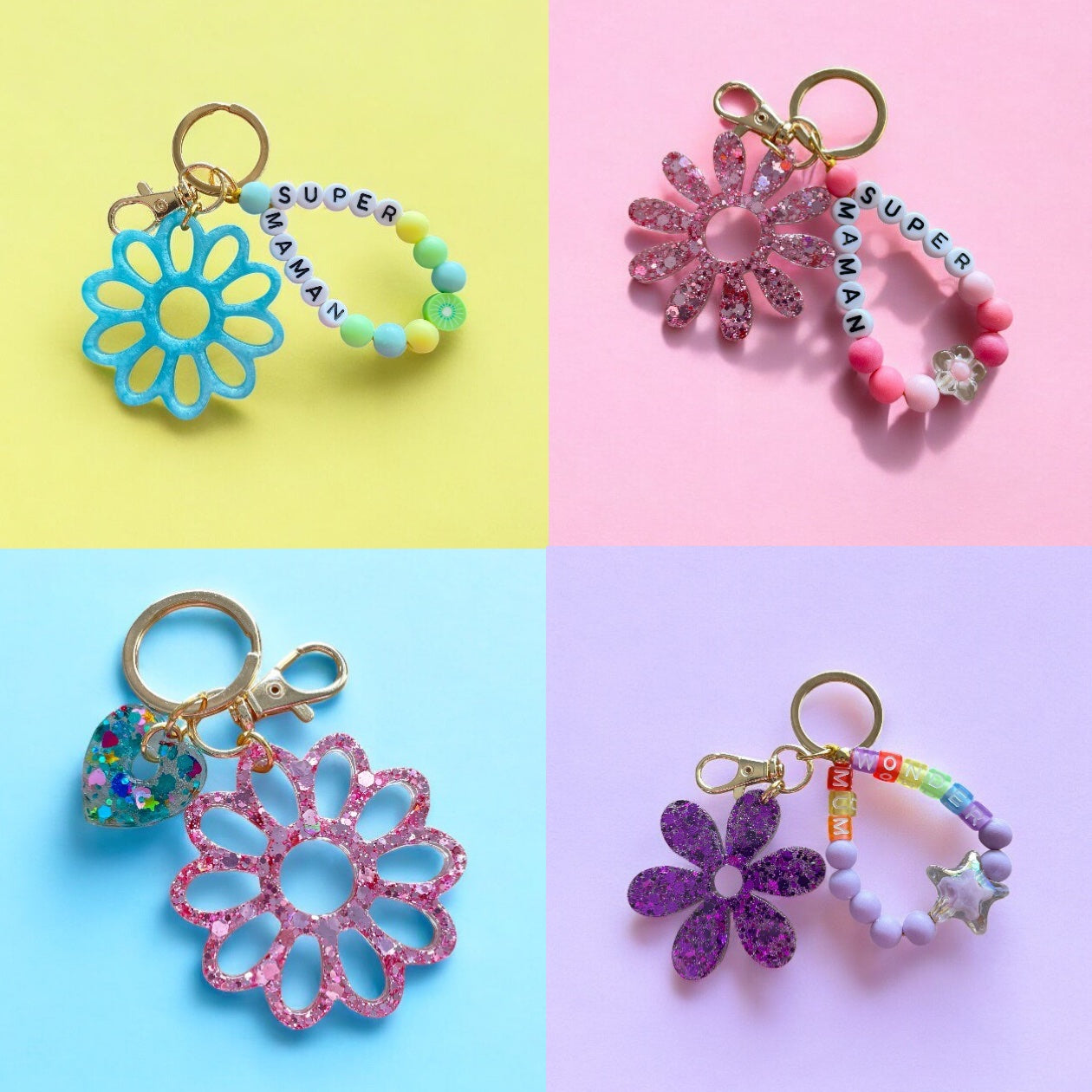 Porte-clés bijou de sac avec breloque fleur en résine modèle Flower