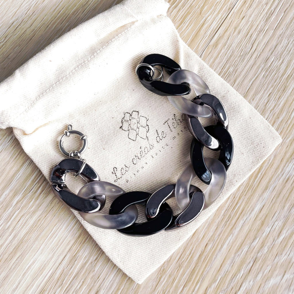 Bracelet tendance grosses mailles noir, anthracite, gris transparent modèle Ohea