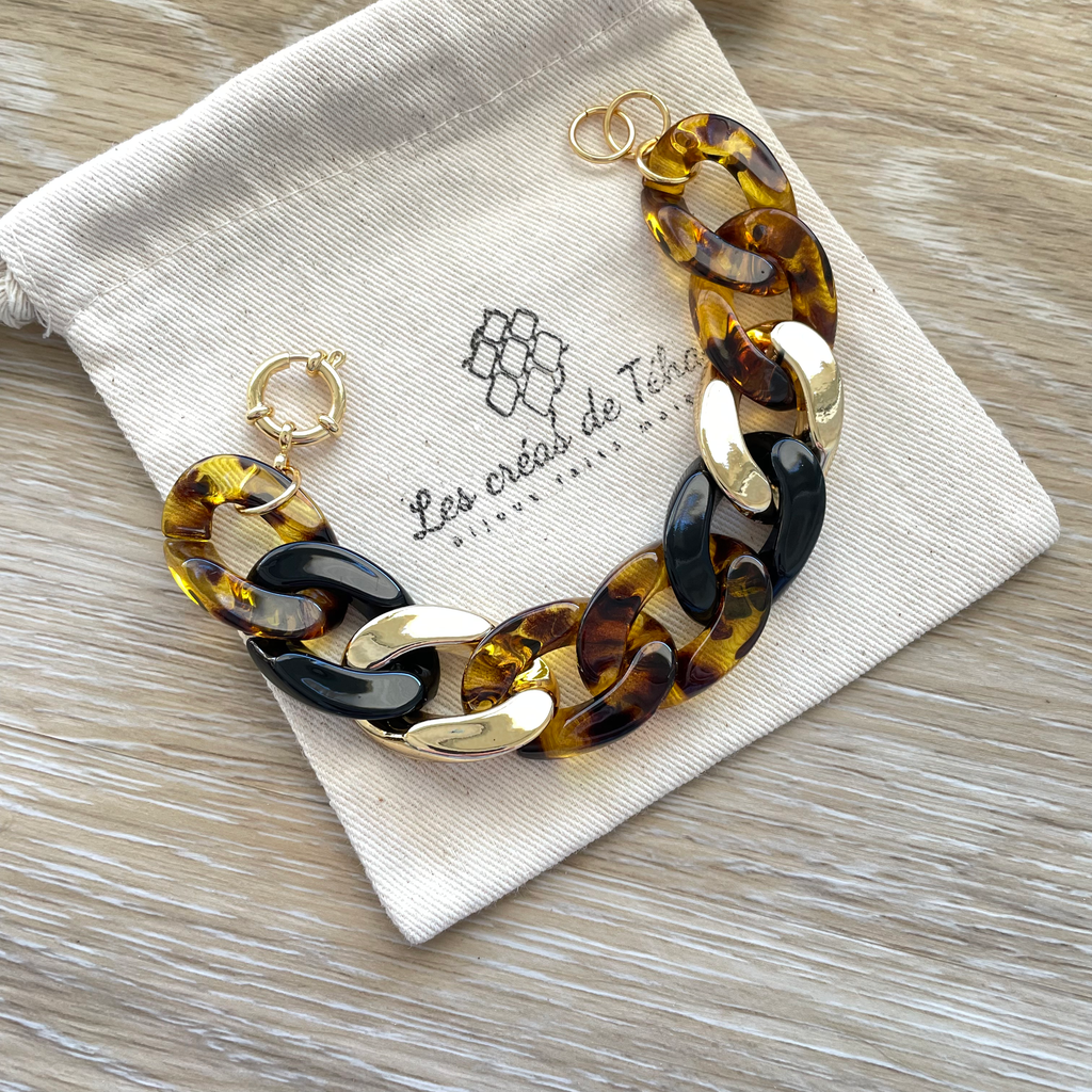 Bracelet tendance grosses mailles noir ambre et doré modèle Ohea