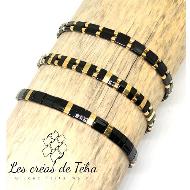 Bracelet Huira noir et doré en perles de verre et cordon