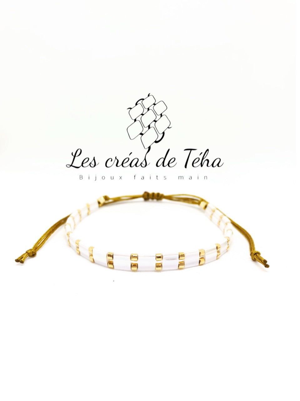 Bracelet Huira blanc et doré en perles de verre et cordon