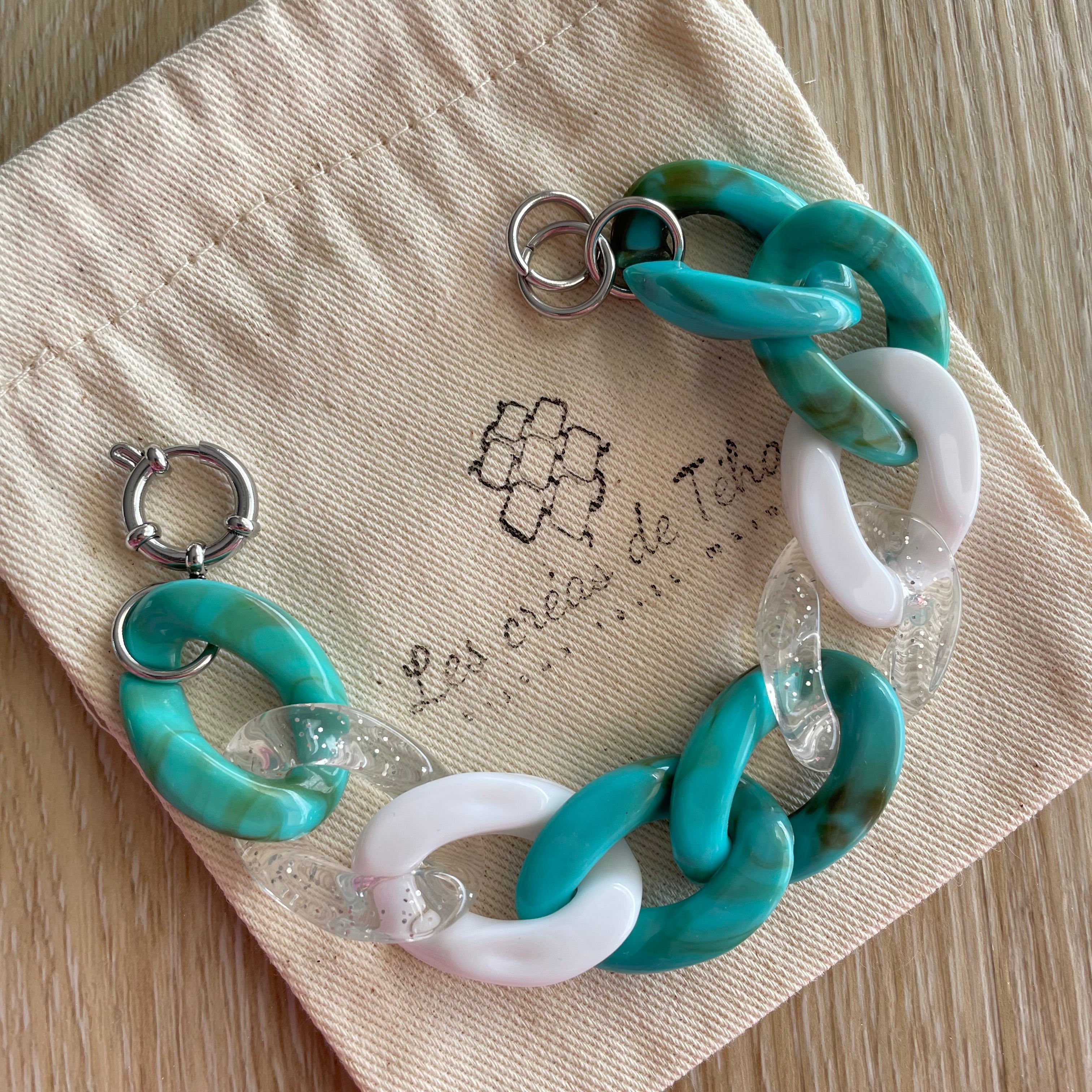 Bracelet tendance grosses mailles turquoise modèle Ohéa