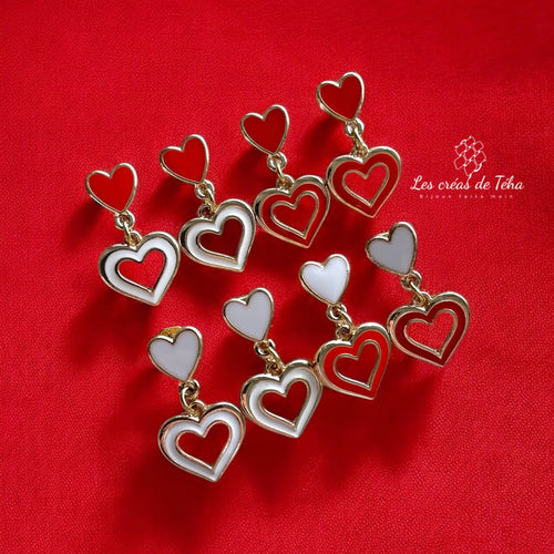 Boucles d’oreilles rouges,  blanches modèle Coração