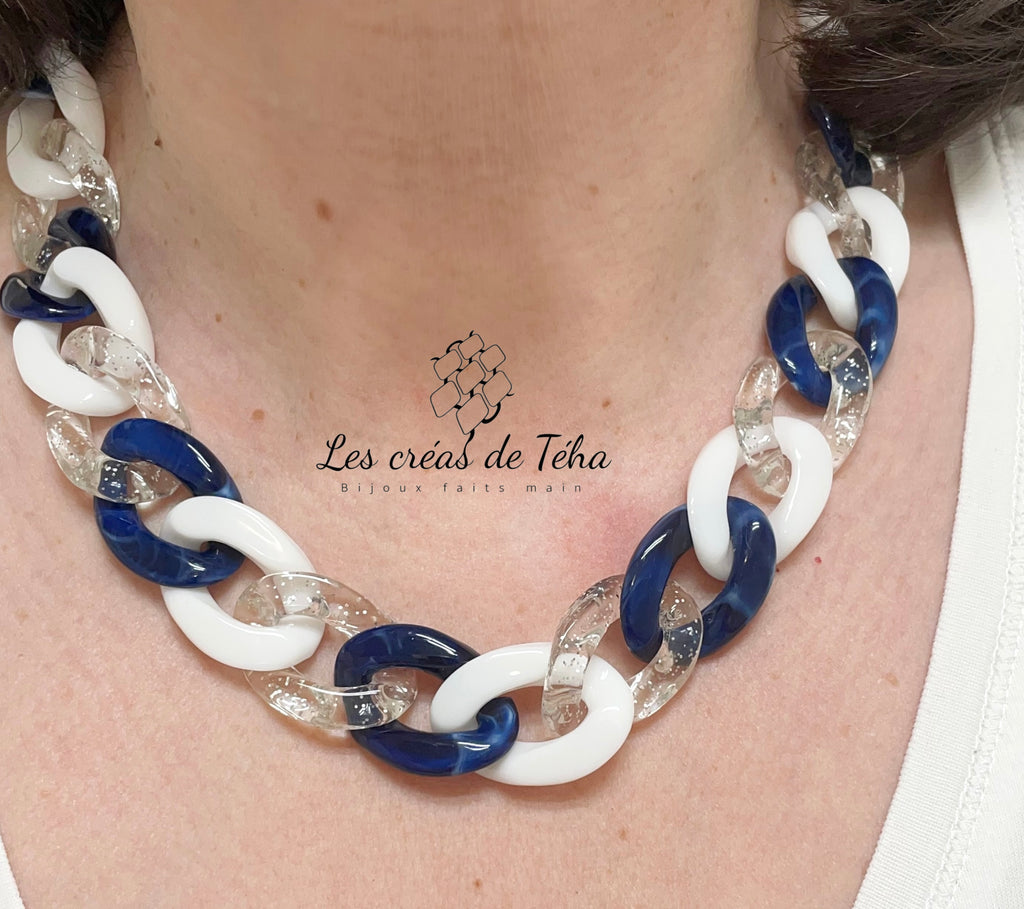 Parure de bijoux en grosses mailles marine, blanc et argenté modèle Ohéa