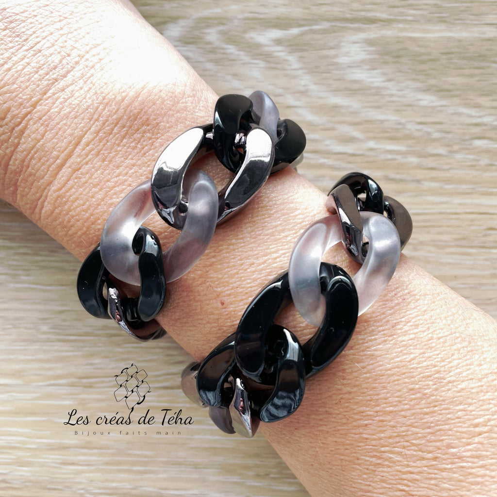 Bracelet tendance grosses mailles noir, anthracite, gris transparent modèle Ohea