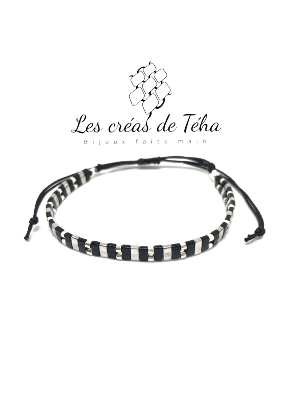 Bracelet Huira noir et argenté en perles de verre et cordon