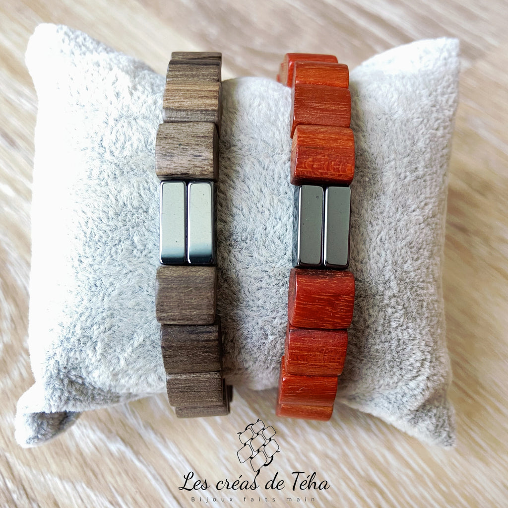 Bracelet homme modèle Mohina en perles en bois, hématite et cordon