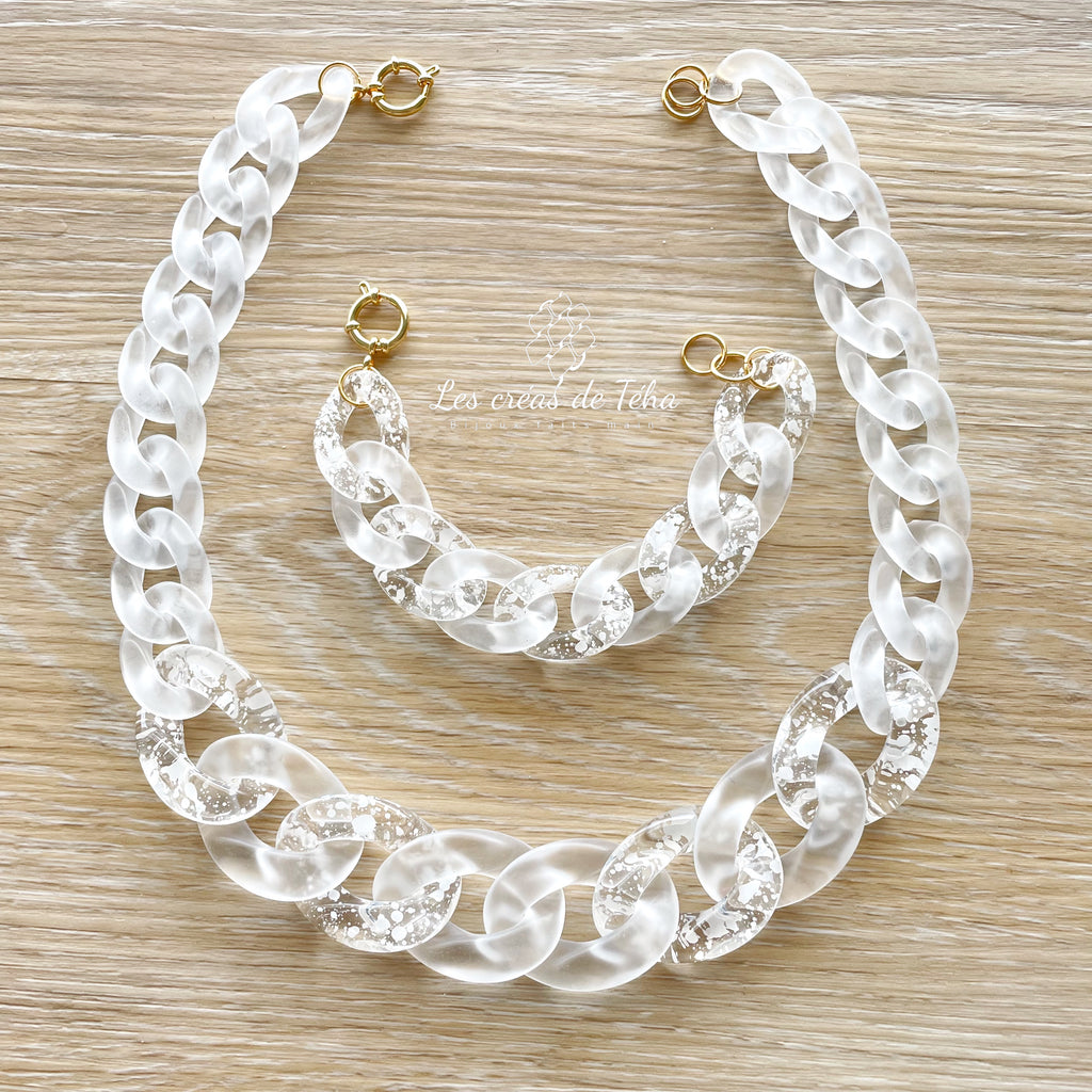 Parure de bijoux en grosses mailles blanc modèle Ohéa