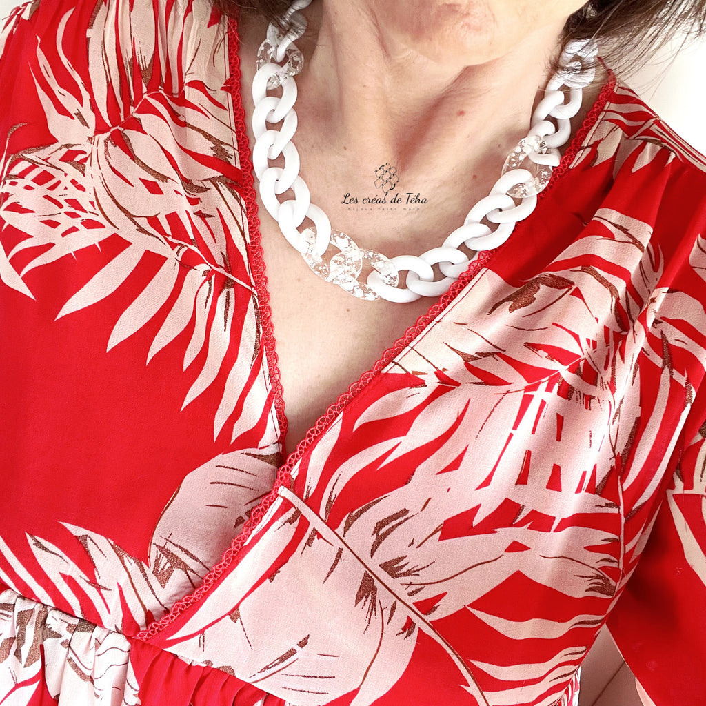 Collier en grosses mailles blanc et doré modèle Ohéa