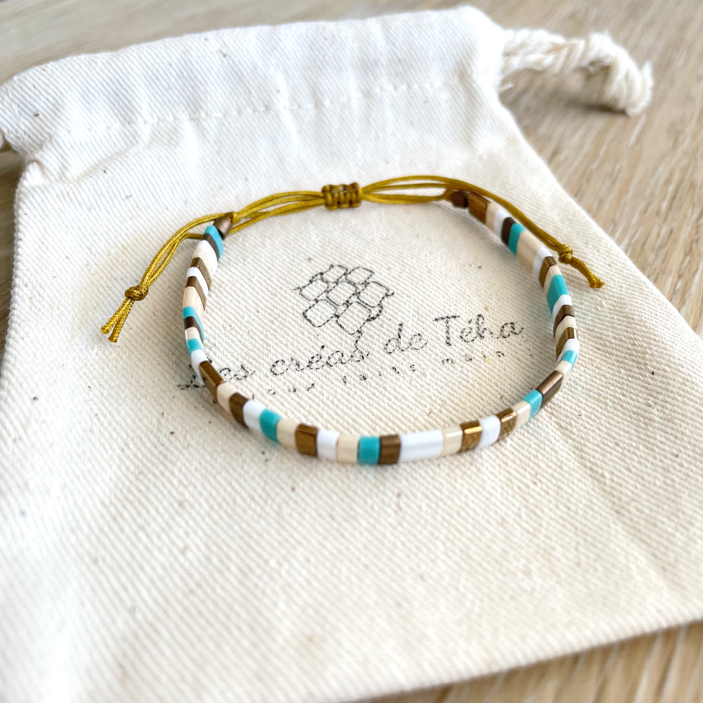 Bracelet réglable en perles de verre   et cordon modèle Huira